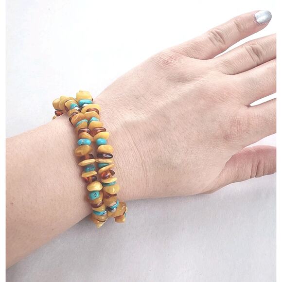 Jay King Amber Turquoise Beaded Bracelet New Stretch Double Two Strand Silver - Picture 1 of 5